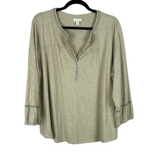 J. Jill Pure Jill Boho Neutral Embroidered Cotton Long Sleeve Split Neck Top XL